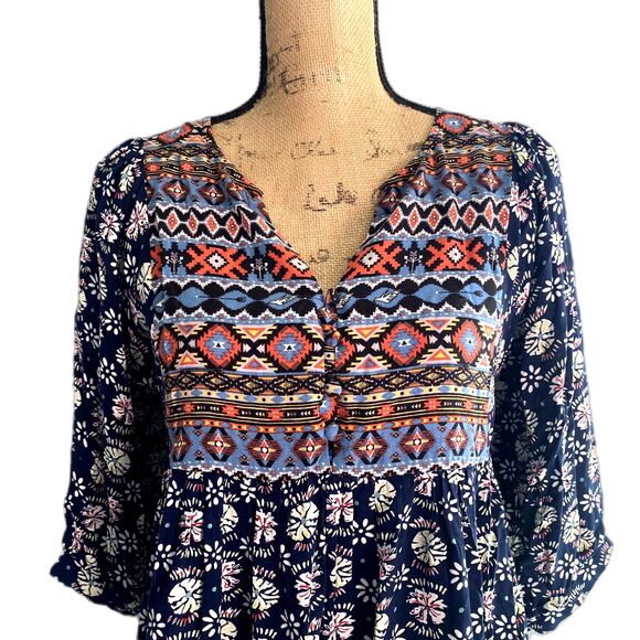 Umgee USA‎ Mini Peasant Dress Navy Blue Mixed Print Boho Southwestern Size Small - Picture 2 of 6